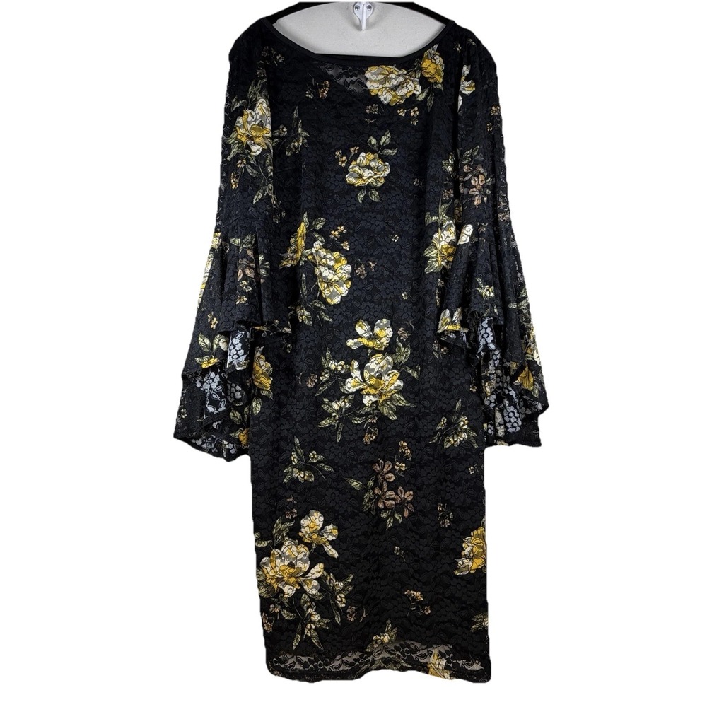 VFSHOW Women's Large Mesh Floral Dress Black Yellow Bell Sleeve Midi Career